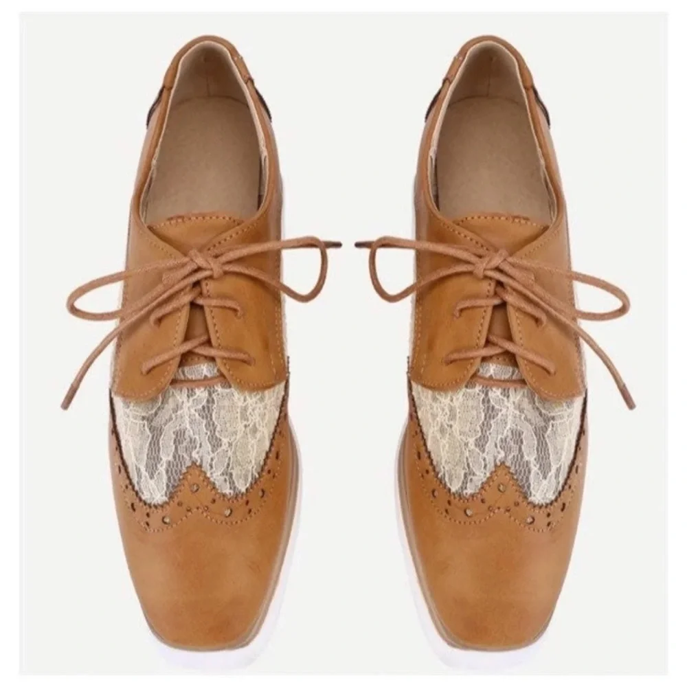 Oxford Shoes Platform Lug Sole Platform Square Toe Leather & Lace Shoes Size 36